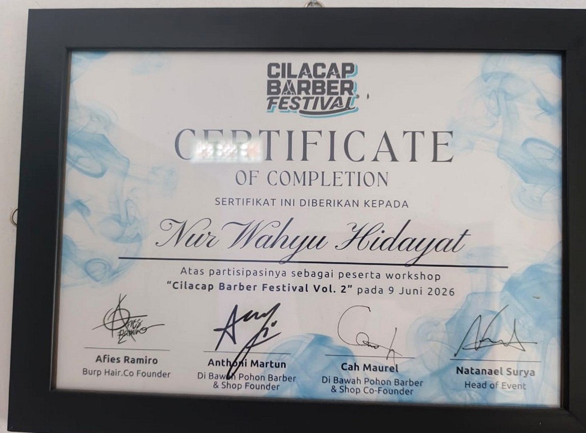 Sertifikat Cilacap Barber Festival Vol. 2 atas nama Nur Wahyuhidayat, 9 Juni 2026.